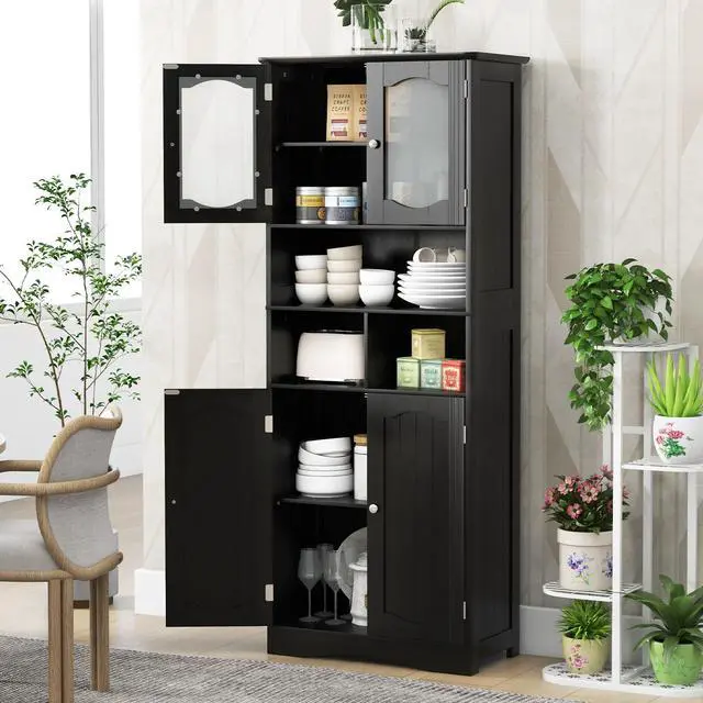 Alt view image 7 of 7 - SlickBlue 58.5 Inch Freestanding Linen Bathroom Storage Cabinet with Frost Glass Doors