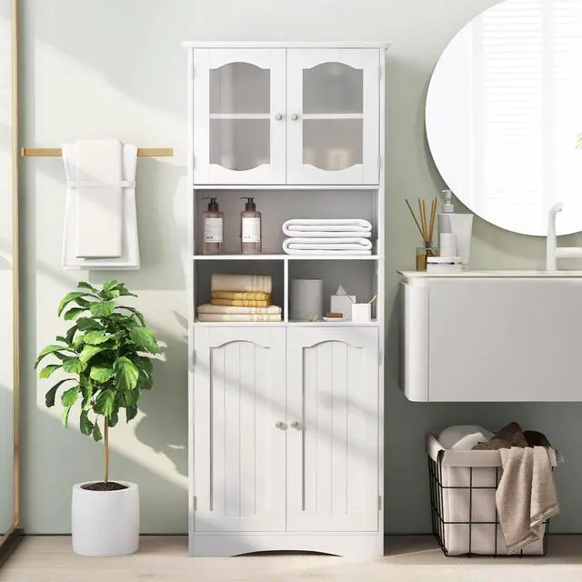 Alt view image 2 of 7 - SlickBlue 58.5 Inch Freestanding Linen Bathroom Storage Cabinet with Frost Glass Doors