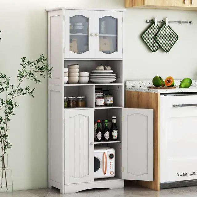 Alt view image 3 of 7 - SlickBlue 58.5 Inch Freestanding Linen Bathroom Storage Cabinet with Frost Glass Doors