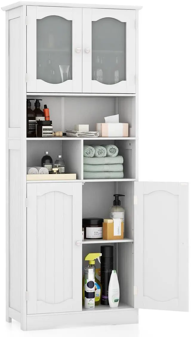 Alt view image 4 of 7 - SlickBlue 58.5 Inch Freestanding Linen Bathroom Storage Cabinet with Frost Glass Doors