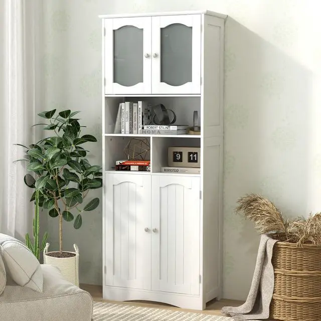 Alt view image 6 of 7 - SlickBlue 58.5 Inch Freestanding Linen Bathroom Storage Cabinet with Frost Glass Doors