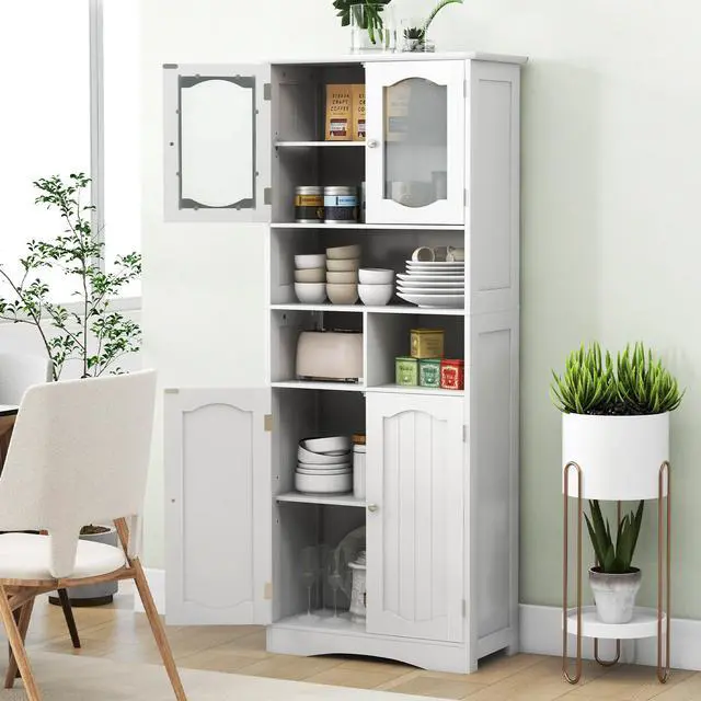 Alt view image 7 of 7 - SlickBlue 58.5 Inch Freestanding Linen Bathroom Storage Cabinet with Frost Glass Doors