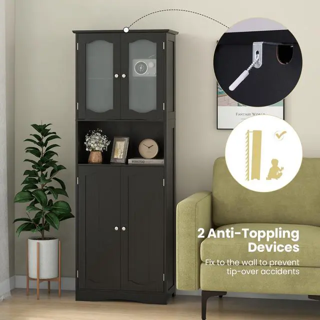 Alt view image 6 of 7 - SlickBlue 64.5 Inches Tall Bathroom Storage Cabinet with Frost Glass Doors and Shelves