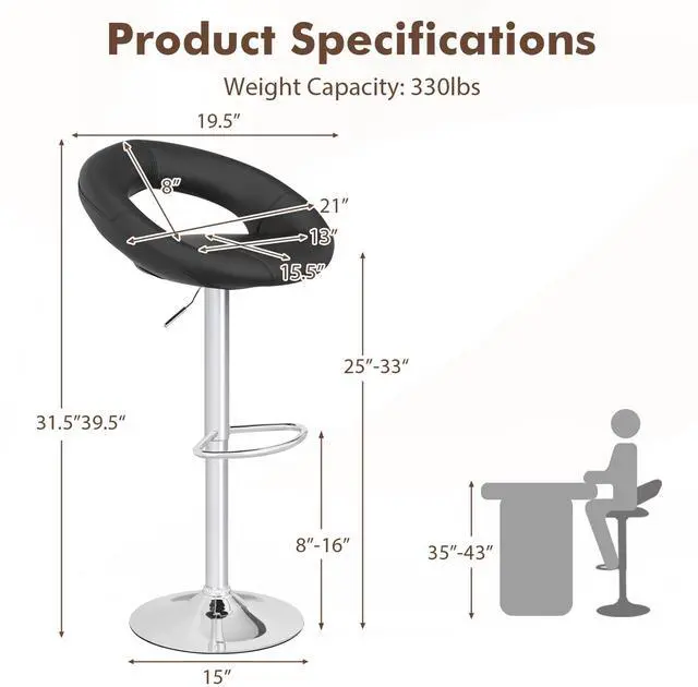 Alt view image 4 of 7 - SlickBlue Height Adjustable Bar Stools Set of 2 with Hollow Back and Footrest