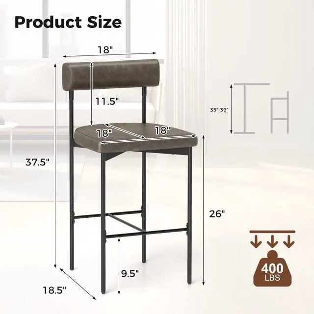Alt view image 4 of 7 - SlickBlue 20 Inch Upholstered Bar Stools Set of 2 Counter Height Bar Chairs with  Backrest-Gray