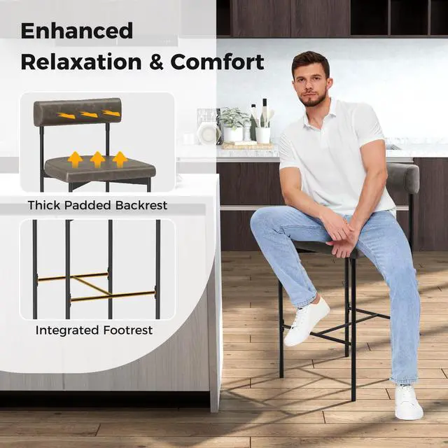 Alt view image 7 of 7 - SlickBlue 20 Inch Upholstered Bar Stools Set of 2 Counter Height Bar Chairs with  Backrest-Gray