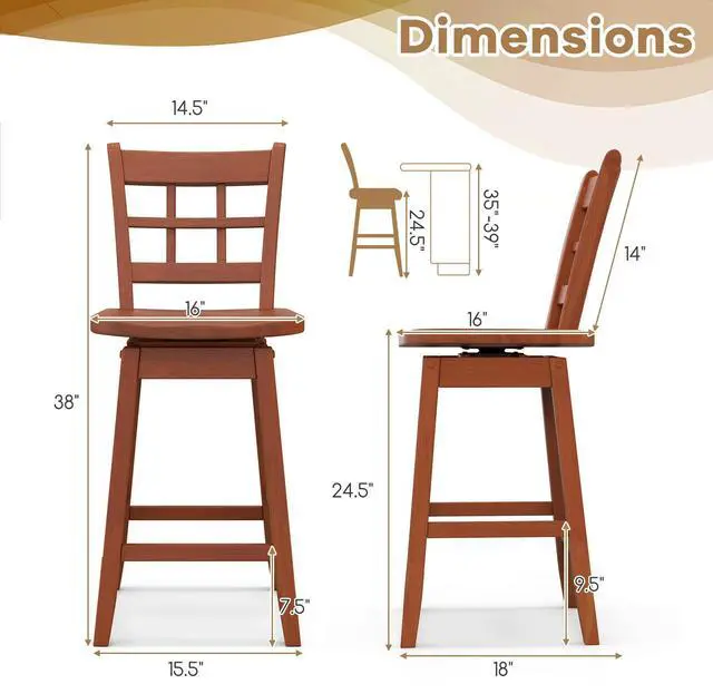 Alt view image 4 of 7 - SlickBlue Counter Height Barstools Set of 2 with 6-Grid Hollow Back and Seat