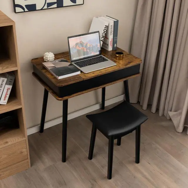 Alt view image 3 of 7 - SlickBlue Vanity Table Set with Flip Top Mirror Lights USB Writing Desk and Stool-Brown