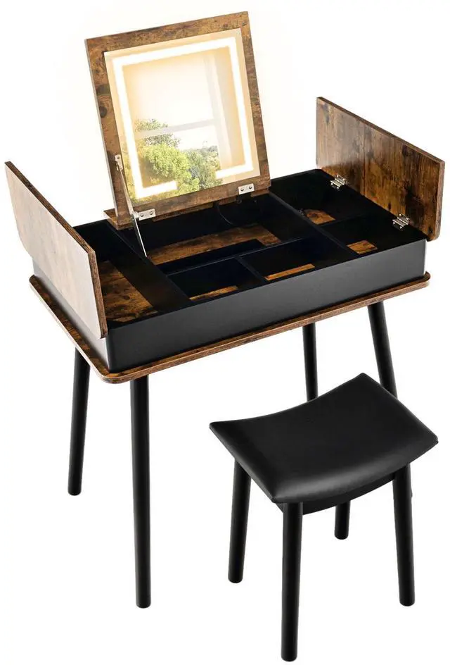 Alt view image 4 of 7 - SlickBlue Vanity Table Set with Flip Top Mirror Lights USB Writing Desk and Stool-Brown