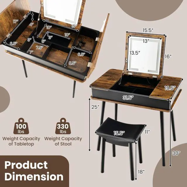 Alt view image 5 of 7 - SlickBlue Vanity Table Set with Flip Top Mirror Lights USB Writing Desk and Stool-Brown