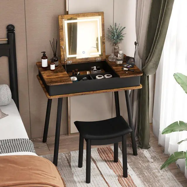 Alt view image 2 of 7 - SlickBlue Vanity Table Set with Flip Top Mirror Lights USB Writing Desk and Stool-Brown