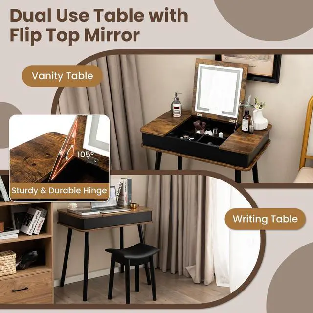 Alt view image 7 of 7 - SlickBlue Vanity Table Set with Flip Top Mirror Lights USB Writing Desk and Stool-Brown