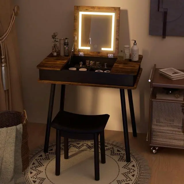 Alt view image 6 of 7 - SlickBlue Vanity Table Set with Flip Top Mirror Lights USB Writing Desk and Stool-Brown