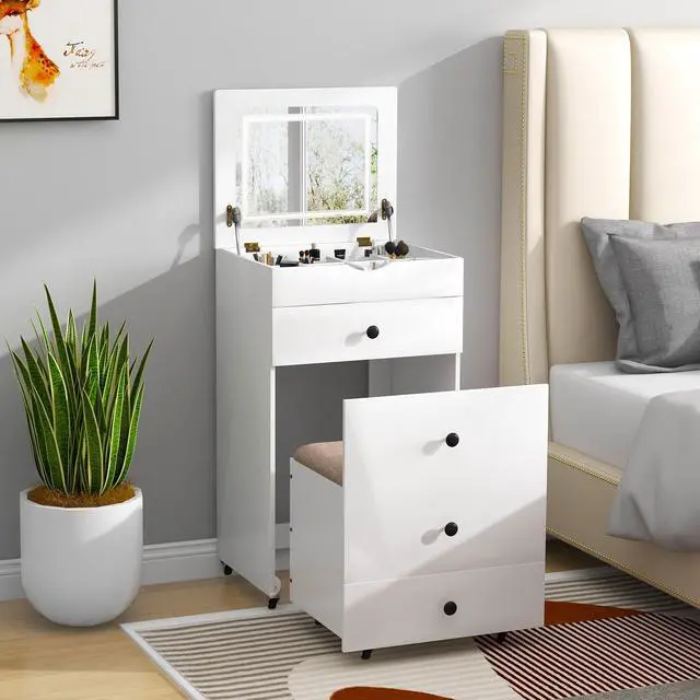 Alt view image 2 of 7 - SlickBlue 3-in-1 Vanity Set with Cushioned Stool and Flip-up Mirror-White