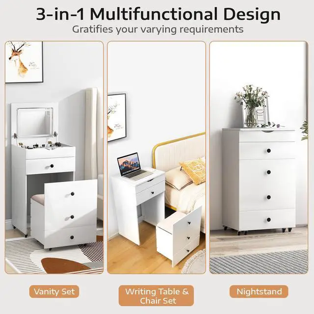 Alt view image 5 of 7 - SlickBlue 3-in-1 Vanity Set with Cushioned Stool and Flip-up Mirror-White