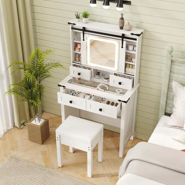 Alt view image 6 of 7 - SlickBlue Makeup Vanity Desk with Mirror and Adjustable Storage Shelves-White
