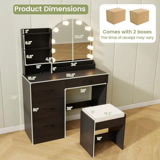 Alt view image 4 of 7 - SlickBlue Makeup Vanity Desk Dressing Table and Stool Set with Mirror and Lights