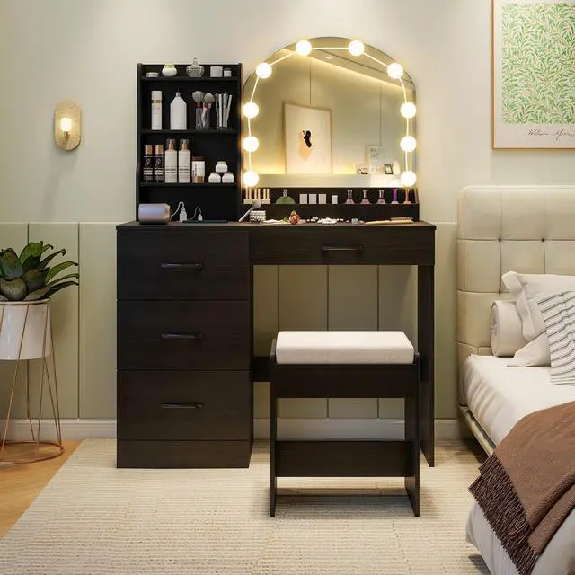 Alt view image 3 of 7 - SlickBlue Makeup Vanity Desk Dressing Table and Stool Set with Mirror and Lights