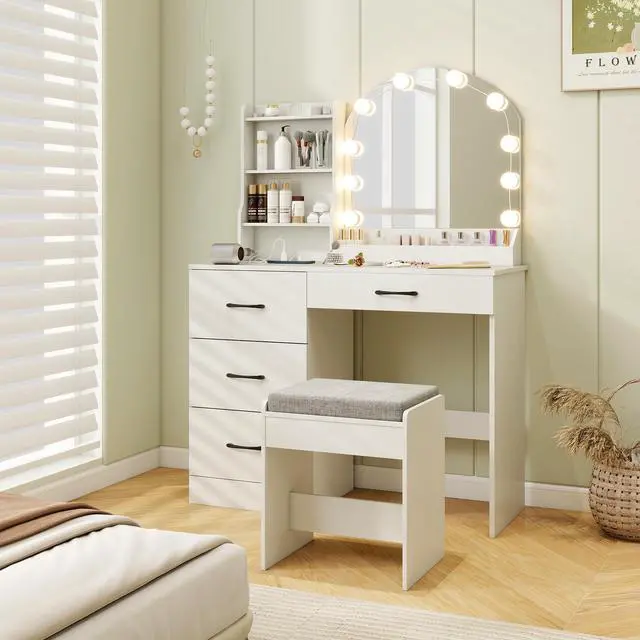 Alt view image 2 of 7 - SlickBlue Makeup Vanity Desk Dressing Table and Stool Set with Mirror and Lights