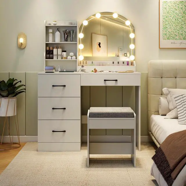 Alt view image 3 of 7 - SlickBlue Makeup Vanity Desk Dressing Table and Stool Set with Mirror and Lights