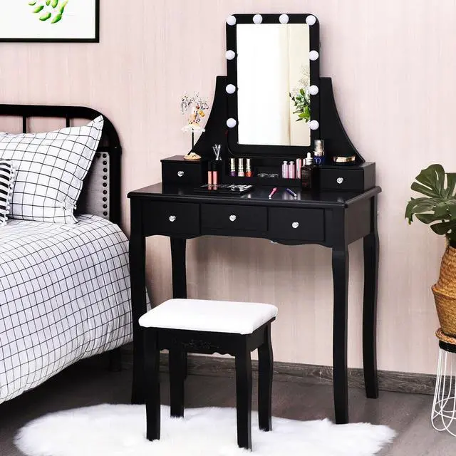 Alt view image 2 of 7 - SlickBlue 10 Dimmable Light Bulbs Vanity Dressing Table with 2 Dividers and Cushioned Stool