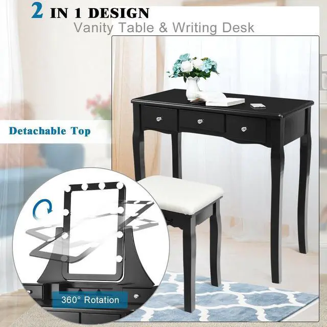 Alt view image 3 of 7 - SlickBlue 10 Dimmable Light Bulbs Vanity Dressing Table with 2 Dividers and Cushioned Stool