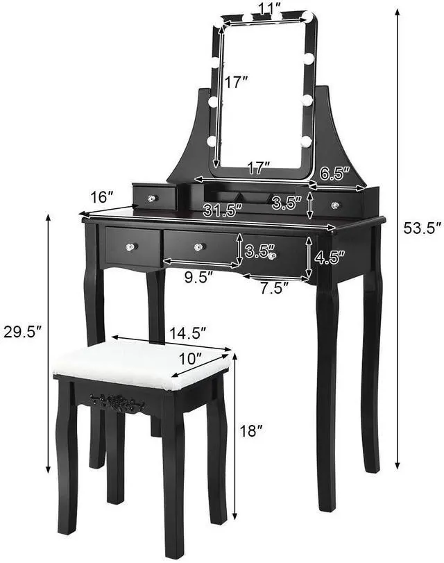 Alt view image 4 of 7 - SlickBlue 10 Dimmable Light Bulbs Vanity Dressing Table with 2 Dividers and Cushioned Stool