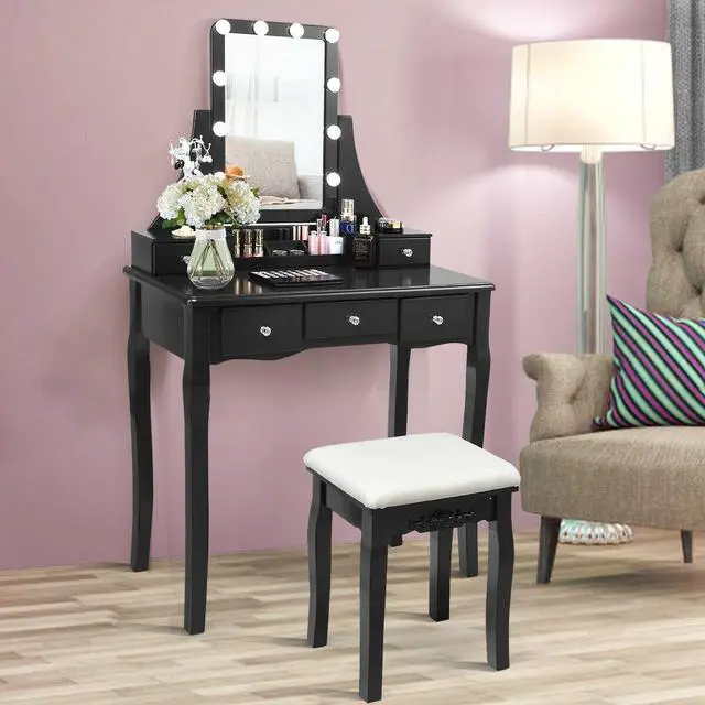 Alt view image 7 of 7 - SlickBlue 10 Dimmable Light Bulbs Vanity Dressing Table with 2 Dividers and Cushioned Stool