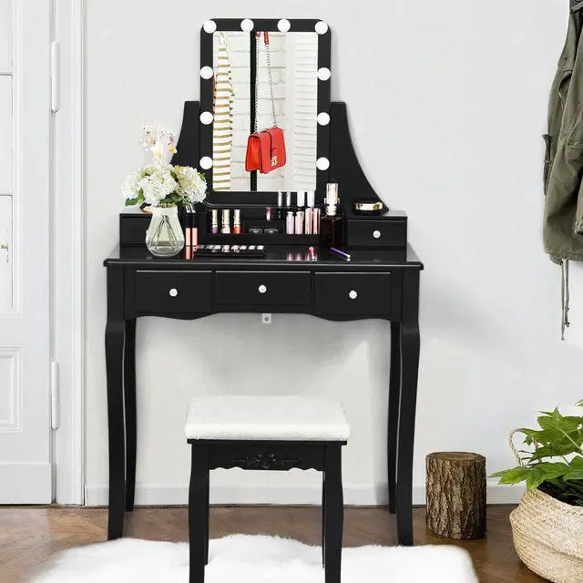 Alt view image 6 of 7 - SlickBlue 10 Dimmable Light Bulbs Vanity Dressing Table with 2 Dividers and Cushioned Stool