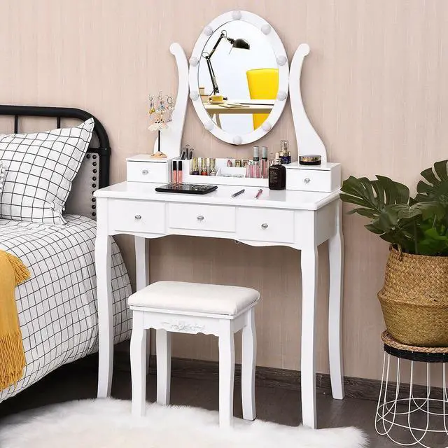 Alt view image 3 of 7 - SlickBlue 10 Dimmable Lights Vanity Table Set with Lighted Mirror and Cushioned Stool-White