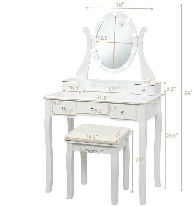 Alt view image 5 of 7 - SlickBlue 10 Dimmable Lights Vanity Table Set with Lighted Mirror and Cushioned Stool-White