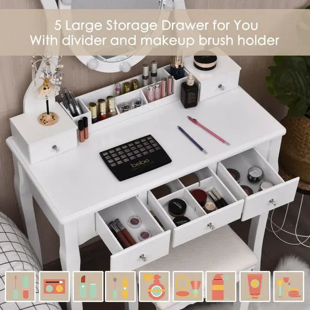 Alt view image 6 of 7 - SlickBlue 10 Dimmable Lights Vanity Table Set with Lighted Mirror and Cushioned Stool-White