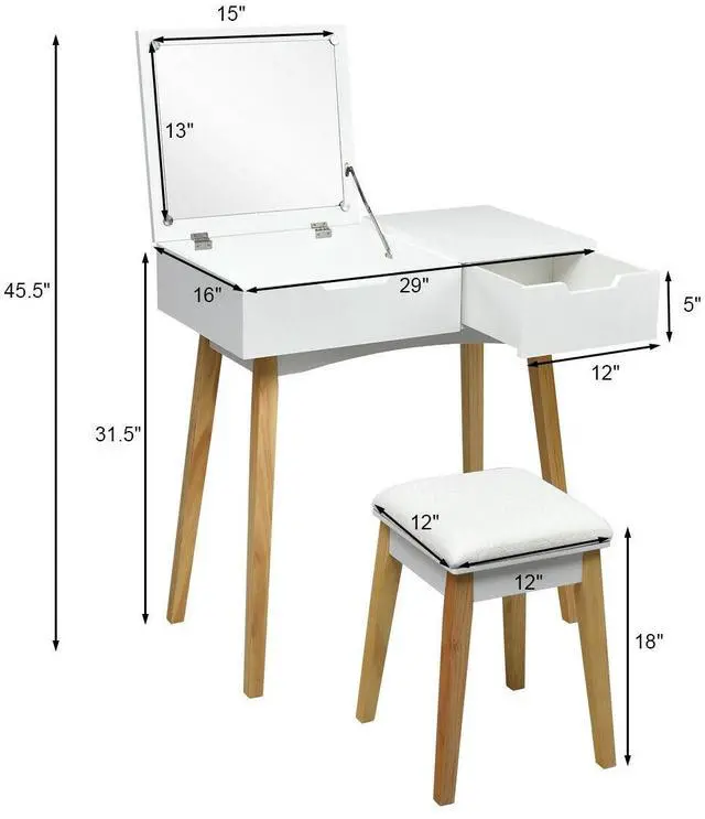 Alt view image 4 of 7 - SlickBlue Wooden Vanity Table with Flip Top Mirror and Cushioned Stool