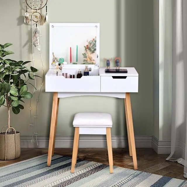 Alt view image 2 of 7 - SlickBlue Wooden Vanity Table with Flip Top Mirror and Cushioned Stool