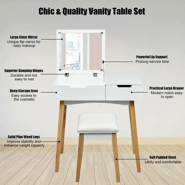 Alt view image 3 of 7 - SlickBlue Wooden Vanity Table with Flip Top Mirror and Cushioned Stool