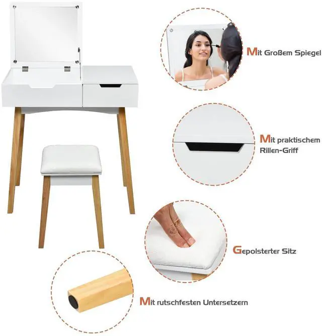 Alt view image 5 of 7 - SlickBlue Wooden Vanity Table with Flip Top Mirror and Cushioned Stool