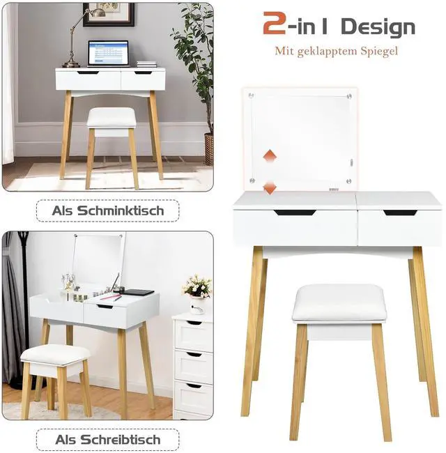 Alt view image 7 of 7 - SlickBlue Wooden Vanity Table with Flip Top Mirror and Cushioned Stool
