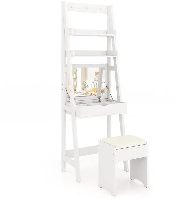 Main image of SlickBlue Vanity Desk Set with Flip Top Mirror  Hidden Storage Compartments and Cushioned Stool-White