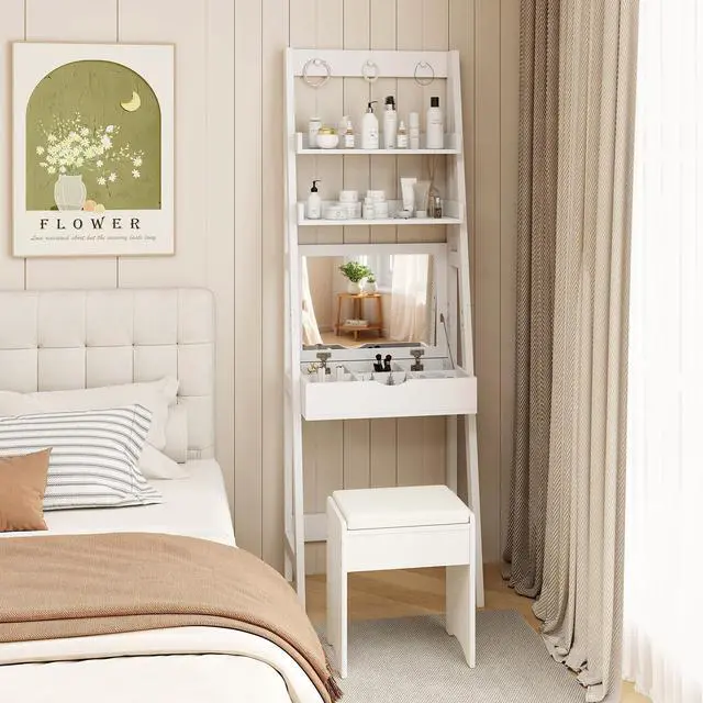 Alt view image 2 of 7 - SlickBlue Vanity Desk Set with Flip Top Mirror  Hidden Storage Compartments and Cushioned Stool-White