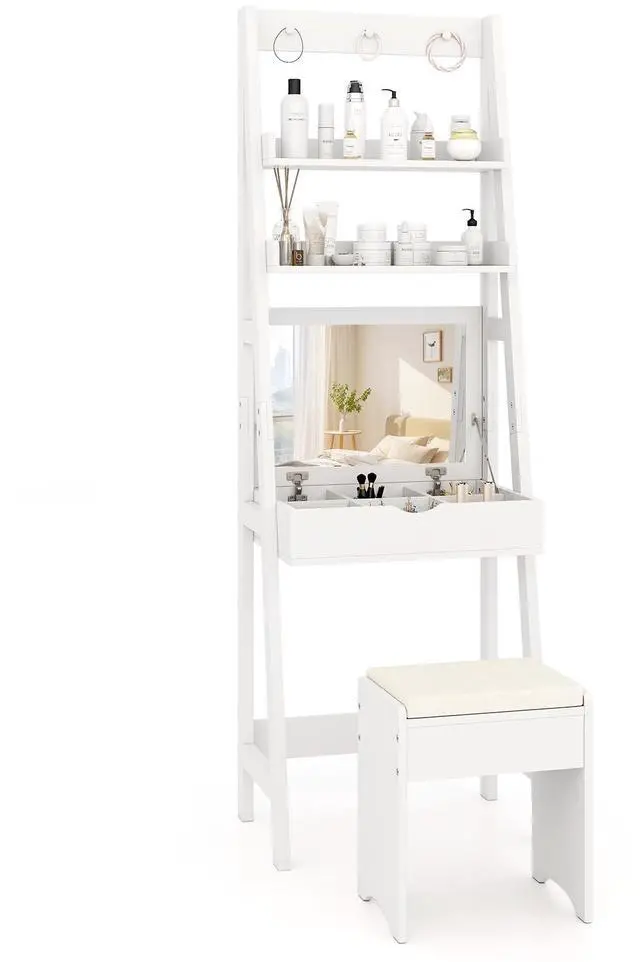 Alt view image 4 of 7 - SlickBlue Vanity Desk Set with Flip Top Mirror  Hidden Storage Compartments and Cushioned Stool-White