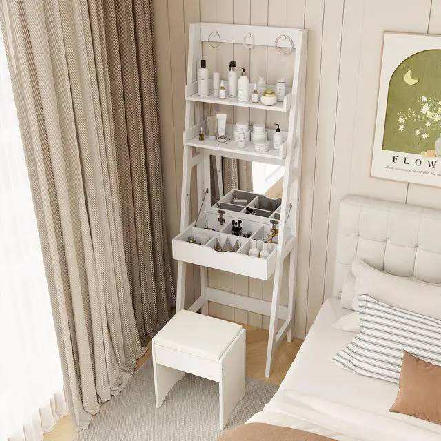 Alt view image 3 of 7 - SlickBlue Vanity Desk Set with Flip Top Mirror  Hidden Storage Compartments and Cushioned Stool-White