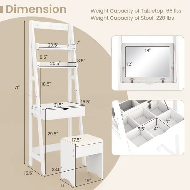 Alt view image 5 of 7 - SlickBlue Vanity Desk Set with Flip Top Mirror  Hidden Storage Compartments and Cushioned Stool-White