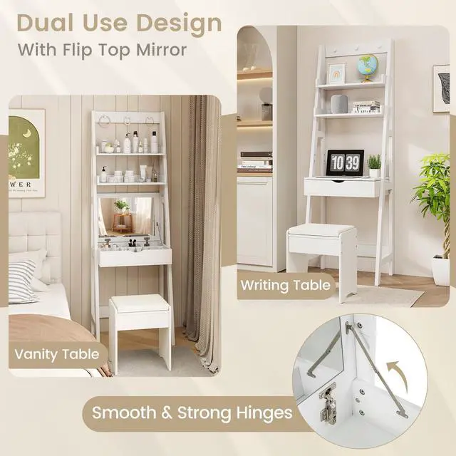 Alt view image 7 of 7 - SlickBlue Vanity Desk Set with Flip Top Mirror  Hidden Storage Compartments and Cushioned Stool-White