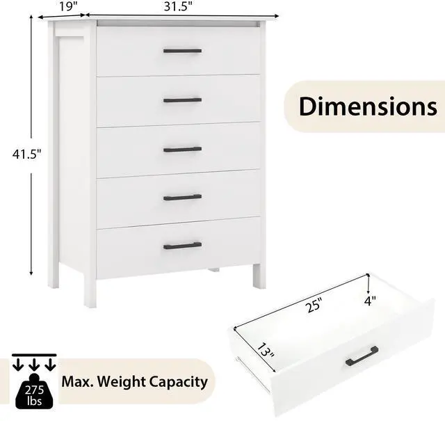 Alt view image 5 of 7 - SlickBlue Modern 5-Drawer Multipurpose Chest Dresser with Metal Handles