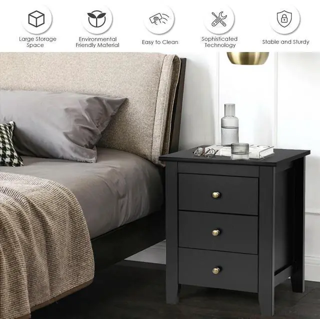 Alt view image 3 of 7 - SlickBlue Set of 2 Nightstand End Beside Table Drawers-Black