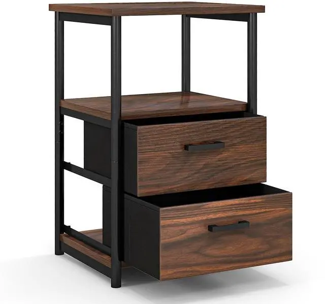 Alt view image 4 of 7 - SlickBlue 3-Tier Retro Nightstand with 2 Removable Fabric Drawers and Open Shelf-Walnut