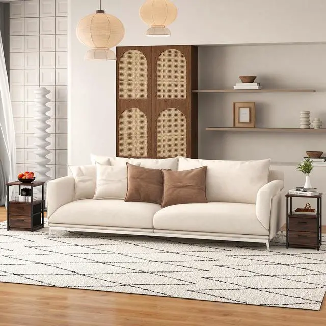 Alt view image 3 of 7 - SlickBlue 3-Tier Retro Nightstand with 2 Removable Fabric Drawers and Open Shelf-Walnut