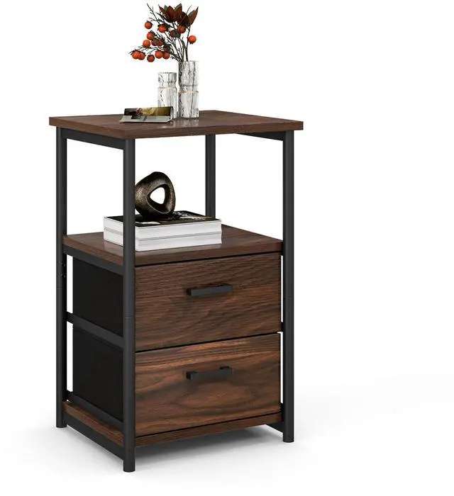 Main image of SlickBlue 3-Tier Retro Nightstand with 2 Removable Fabric Drawers and Open Shelf-Walnut