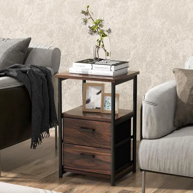 Alt view image 2 of 7 - SlickBlue 3-Tier Retro Nightstand with 2 Removable Fabric Drawers and Open Shelf-Walnut