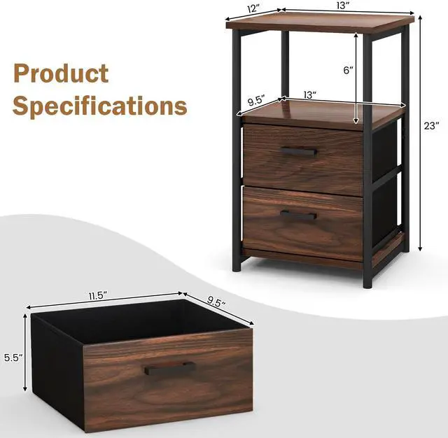Alt view image 5 of 7 - SlickBlue 3-Tier Retro Nightstand with 2 Removable Fabric Drawers and Open Shelf-Walnut